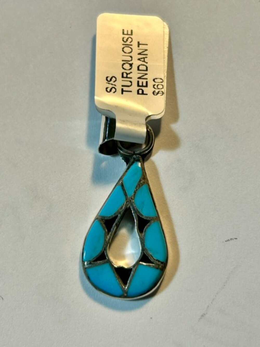 Zuni Handmade Turquoise Inlay Teardrop Pendant in Sterling Silver Amy Locaspino